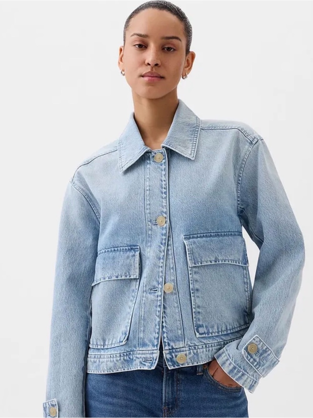 GAP Washed Drop-Shoulder Sleeves Pure Cotton Denim Jacket With Utility Pockets M